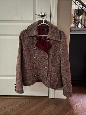 Guess Tweed Wool Blend Blazer Maroon Red Beige